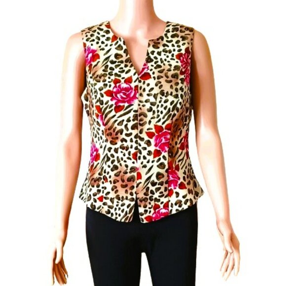 Cline Kolarek Cheetah Floral Tapered Blouse 6 Vintage V Neck Top Made in USA - Picture 1 of 9